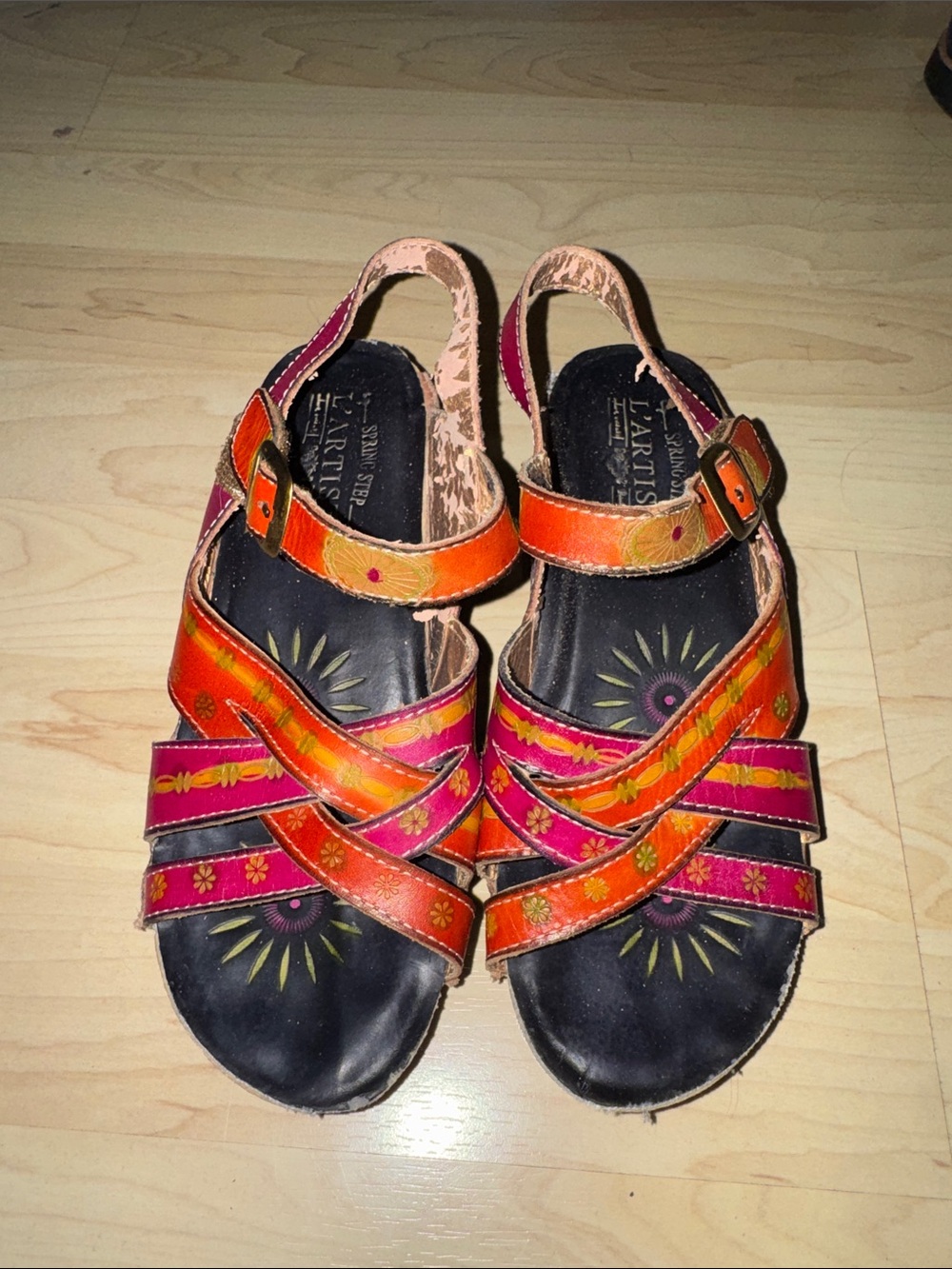 Spring Step Multicolor Leather Strappy Sandals in Orange & Pink